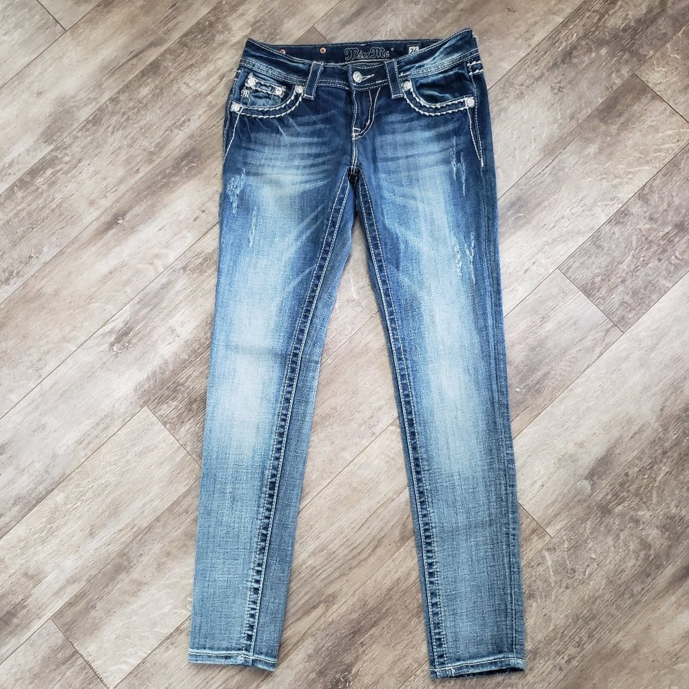 Miss Me Studded Bling Flower Embroidered Skinny Jeans 26